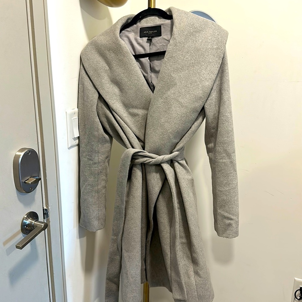Heather gray wrap coat. Ann Taylor factory. Medium. Medium weight.